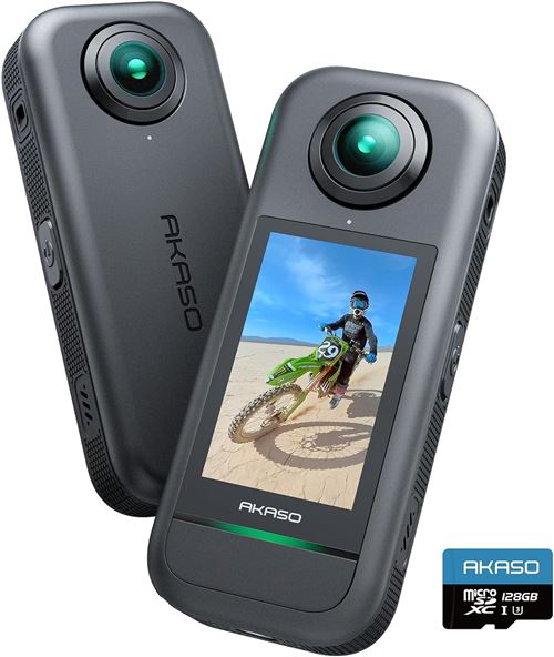 AKASO 360 - Camera Sport &agrave; 360&deg; avec Carte M&eacute;moire 128Go, 5.7K 360 Vid&eacute;o, Capteurs 48MP 1/2"", 72MP, SuperSmooth Ecran Tactile Noir 