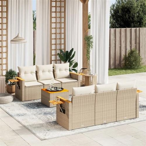 Salon de jardin modulable Vidaxl rotin beige 7 pieces 6 personnes