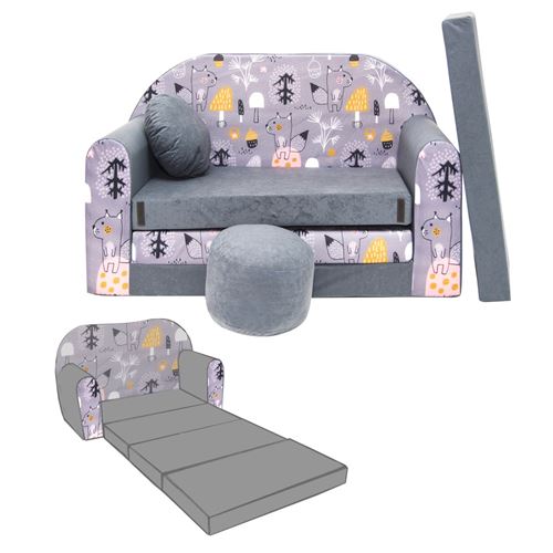 WELOX NINO Canapé convertible lit pour enfant avec pouf et coussin OEKO-TEX Forêt gris