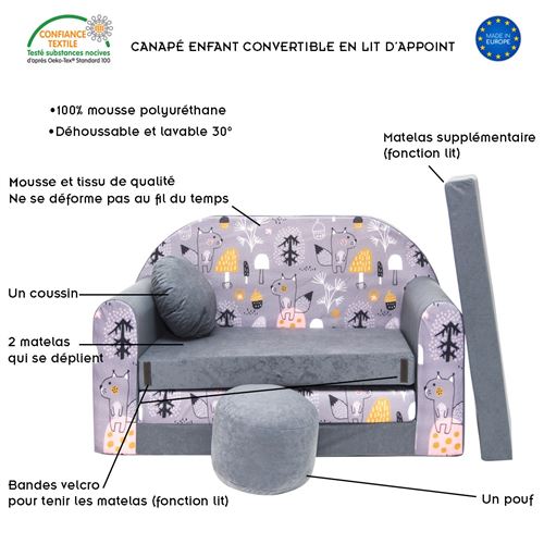 WELOX NINO Canapé convertible lit pour enfant avec pouf et coussin