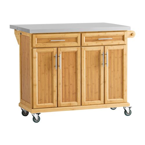SoBuy Desserte de cuisine à roulettes - Îlot central Bambou Acier Inox 115x46x92 cm FKW69-N