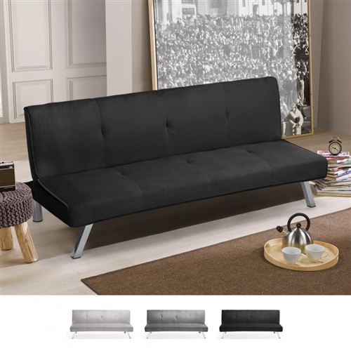 Canapé convertible 3 places design tissu velours inclinable clic clac Explicitus, Couleur: Noir