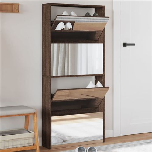 Non Communiqué Chêne Marron Armoire À Chaussures Miroir 4 Niveaux 63X17x134 Cm