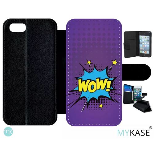 Etui My-Kase pour iPhone Se 2020 - wow fond mauve - Simili-cuir Noir