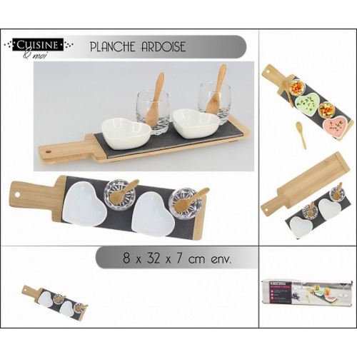 Coffret Aperitif Coeur 7 Pcs Plateau Coupelles Cuillere 33 X 8 X 7 Cm Bois Porcelaine