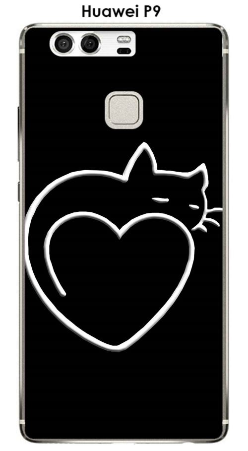 Coque Huawei P9 design Chat cur fond noir
