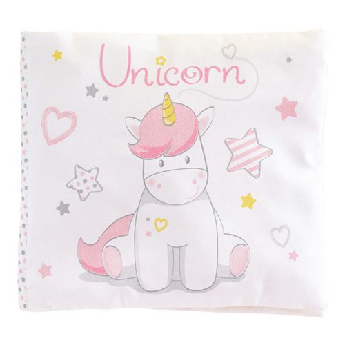 Licorne MON 1ER LIVRE rose et blanc H18 cm