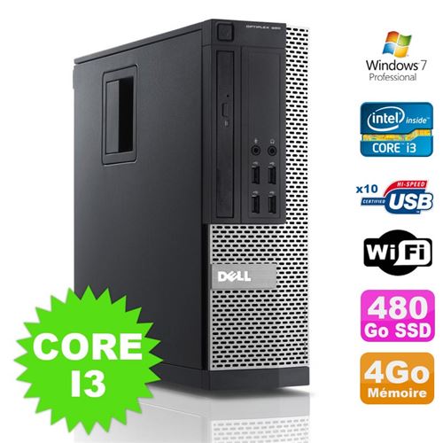 Pc dell optiplex 990 sff i3-2120 3.3ghz 4go disque 480go ssd dvd wifi w7
