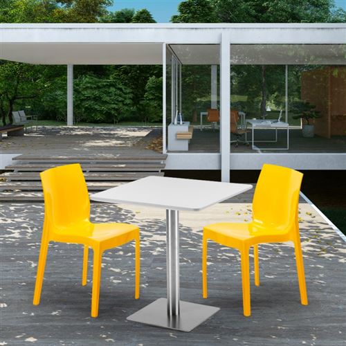 Table carrée blanche 70x70 avec pied en acier et 2 chaises colorées Ice Strawberry, Couleur: Pourpre