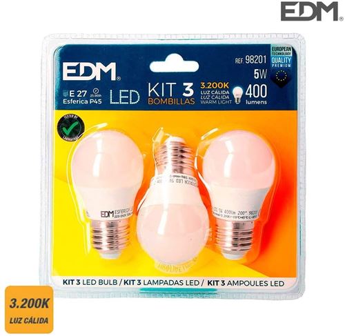 Kit 3 asphérique 5w E27 Ampoules LED 3200k lumière chaude EDM 98201 [Classe énergétique A+]
