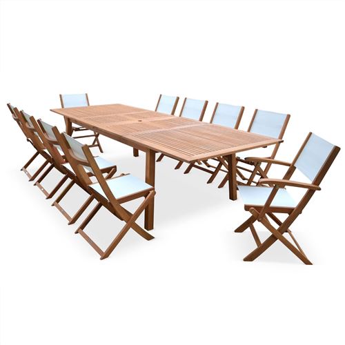 Sweeek Salon de jardin en bois extensible - Almeria - Grande table 200/250/300cm avec 2 rallonges 2 fauteuils et 8 chaises en bois d'Eucalyptus huilé 