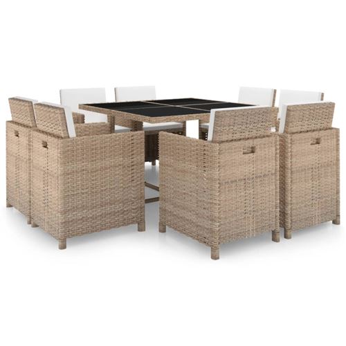 Vidaxl Beige Ensemble À Manger D Extérieur Et Coussins 9 Pcs Résine Tressée