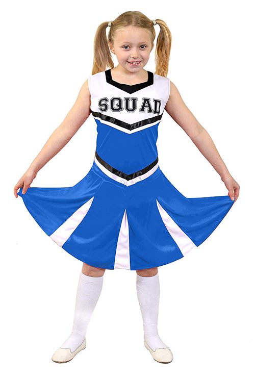 Déguisement bleue pour enfant de cheerleader avec le haut et la jupe en 1 pièce. Idéal pour les fêtes de fin d'école. ( Large )