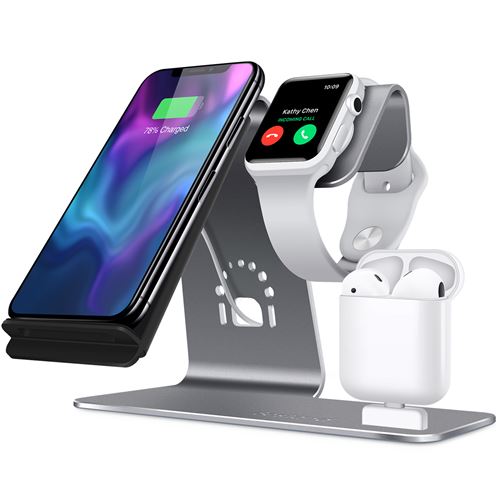 3 en 1 Aluminium Apple iWatch Support,Airpods Chargeur Station,Qi Chargeur Sans Fil Rapide pour iPhone X/6s Plus/Samsung S8 Gris
