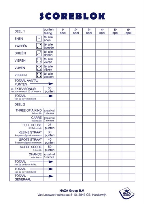 Haza Original bloc de partition Yahtzee 50 feuille