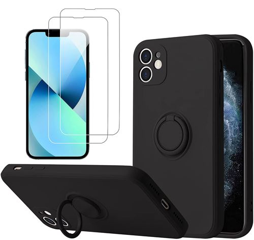 Coque Silicone Pour iPhone 11 Couleur Noir Avec Anneau Support + 2 Verres Trempe Protection Ecran Little Boutik®