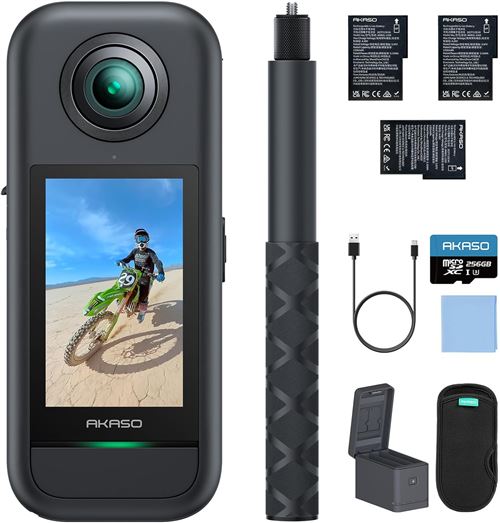 AKASO 360 Kit de Camera Sport &agrave; 360&deg; avec 5.7K avec Carte M&eacute;moire 256Go 48MP 1/2"" 72MP Photo SuperSmooth 2.29"" Ecran Tactile Noir 
