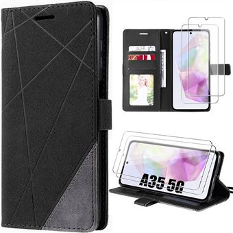 Coque + 2 Verres Trempés pour Samsung Galaxy A35 5G, Effet Cuir Rétro avec Porche à Cartes et Support, Effet Rétro - Noir - BOOLING - 1