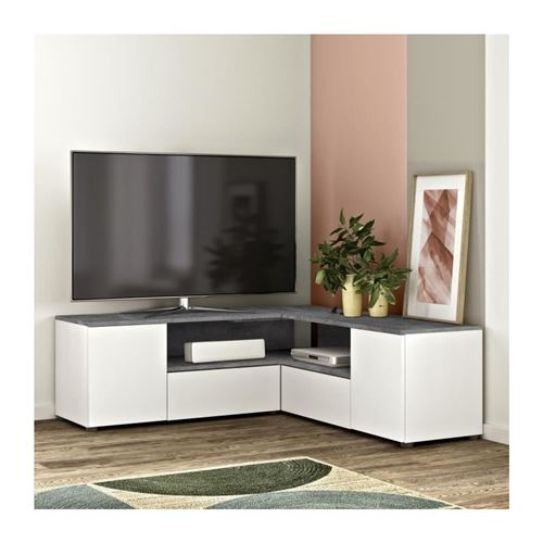 Meuble TV dangle 4 portes - Effet beton et blanc - L 130 x P 130 x H 46 cm