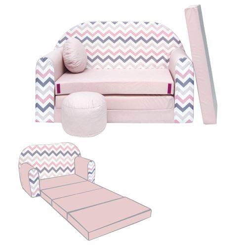 WELOX NINO Canapé convertible lit pour enfant avec pouf et coussin OEKO-TEX Rose avec zigzag