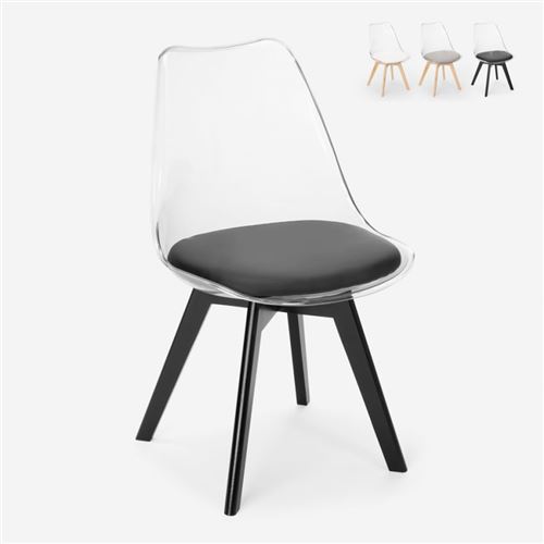 Chaise transparente cuisine bar avec coussin design scandinave Tulip Caurs, Couleur: Noir