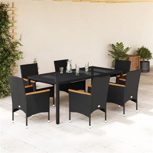 Non Communiqué Noir Vidaxl Ensemble À Manger De Jardin Et Coussins 7 Pcs Rotin Acacia, Ensemble De Salle À Manger D'extérieur, Meuble De 3278649