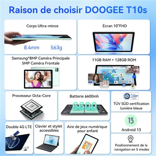 T10S Tablette Android 13, 11Gb + 128Gb (Tf 1Tb) 10.1 Pouces