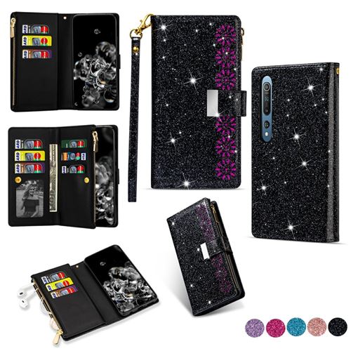 Etui en PU Fermeture éclair scintillante au laser noir pour votre Xiaomi Mi 10/Mi 10 Pro