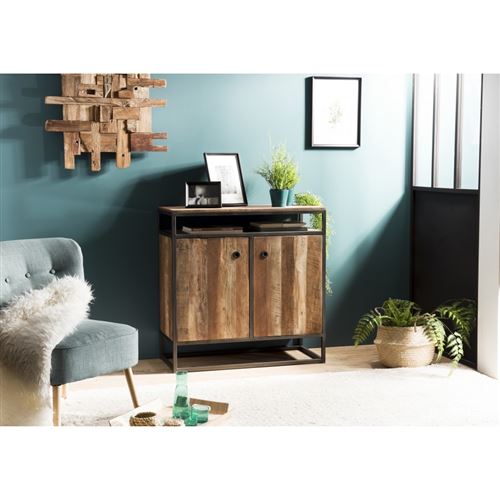Buffet bois 2 portes et 1 étagère Teck recyclé Acacia Mahogany et métal
