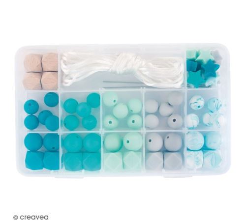 Assortiment de perles en silicone et bois - Vert menthe - 61 pcs