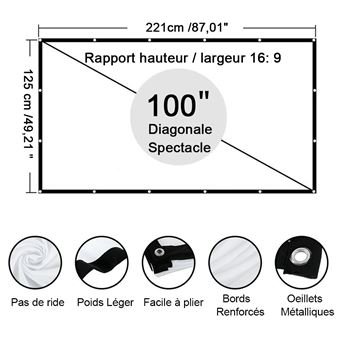 16:9 4k Hd Écran De Projection Portable Zhufas 100 - - Pliable Pour Extérieur - 221x125 Cm Vidéoprojecteur Camping