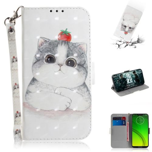 Etui en PU motif imprimé décor de points lumineux support magnétique chat tenant une tomate pour votre Motorola Moto G7 Power
