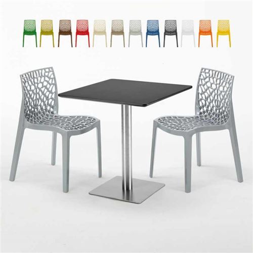 Table carrée noire 70x70 avec 2 chaises colorées Gruvyer Rum Raisin, Couleur: Gris