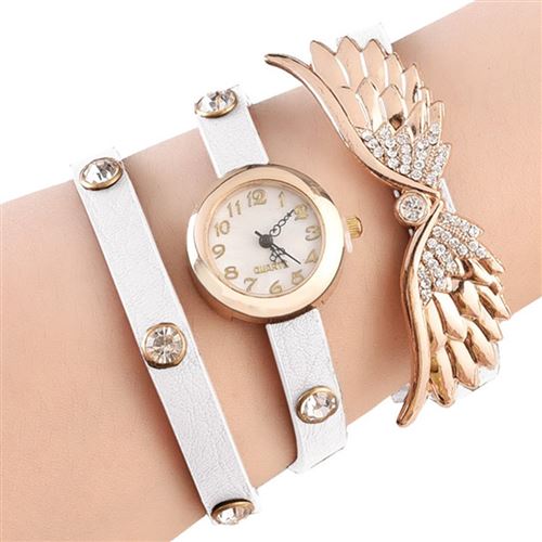 Montre faux ailes d'ange en cuir bracelet à quartz analogique