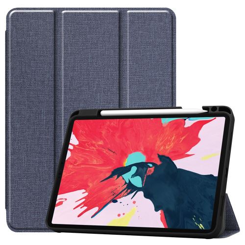 Etui en PU + TPU jeans à trois volets avec support et porte-stylo bleu foncé pour votre Apple iPad Pro 11 pouces (2020)