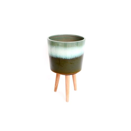 Cache pot en bois nature Eucalyptus - H. 31 cm - Vert