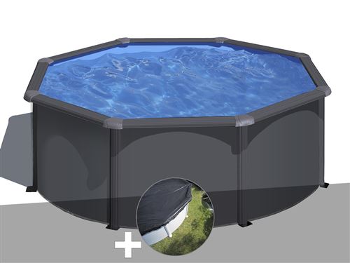 Kit piscine acier gris anthracite Gré Louko ronde 3,20 x 1,22 m + Bâche d'hivernage