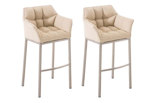Lot 2 tabourets de bar Damaso en Tissu avec support à 4 pieds , Crème/Acier inoxydable