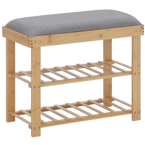 Meuble à chaussures banc à chaussures 2 étagères coussin gris intégré bambou