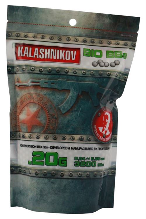  Sachet de 3200 billes blanches biod&eacute;gradables kalashnikov 0.20g calibre 6 mm cybergun 