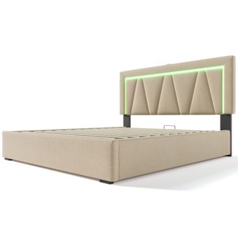 Lit Double 160x200 Cm Avec Tête De Lit Réversible, Prise USB Et éclairage LED - Design Flottant En Lin Gris - 10