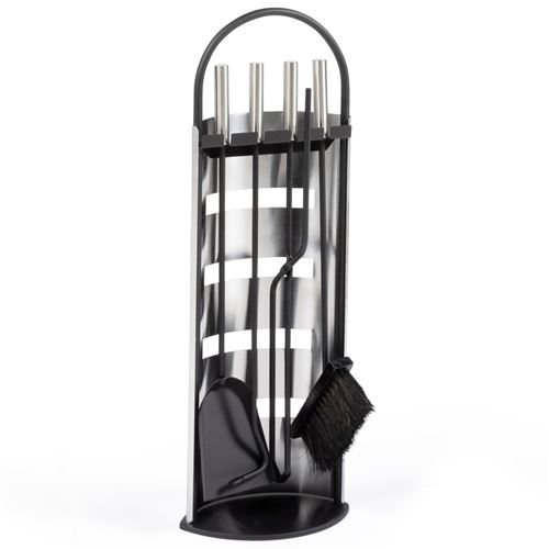 Non Communiqué Noir Ensemble Serviteur De Cheminée Inox 5 Éléments Pelle Balai Tisonnier Pince Avec Support