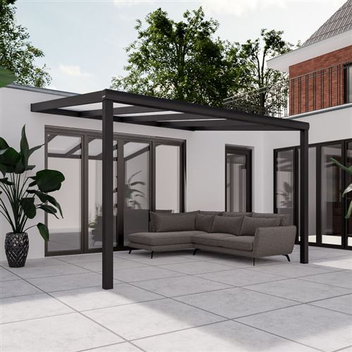 Pratt & Söhne Auvent de terrasse en aluminium 406x357x285cm - Pavillon avec plaques en polycarbonate Opale - Pergola Véranda - Gris