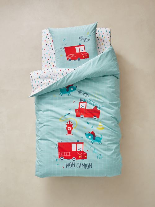 VERTBAUDET - Parure housse de couette + taie d'oreiller enfant PIN PON PIN - vert d'eau - 140X150 - TAIE 63X63