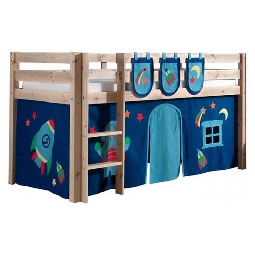 Vipack PINO Lit Compact Pin Massif Naturel + Rideau de lit Astro + 3 Pochettes Astronaute