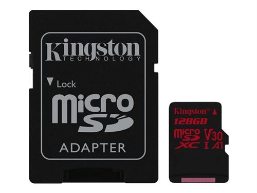 Kingston Canvas React - Carte mémoire flash (adaptateur microSDXC vers SD inclus(e)) - 128 Go - A1 / Video Class V30 / UHS-I U3 / Class10 - microSDXC 