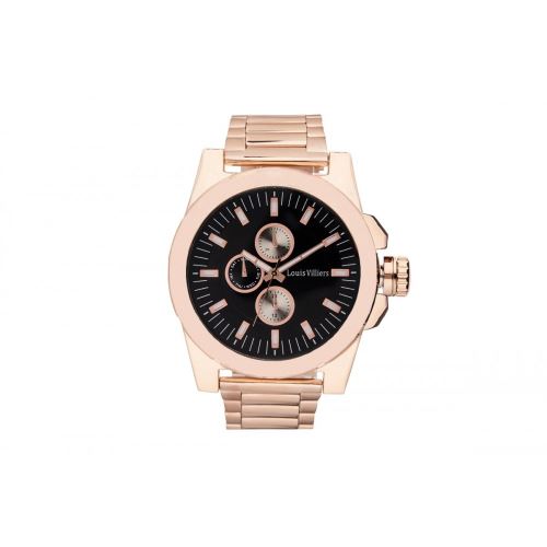 Montre Homme Louis Villiers Cadran 50mm En Steel Noir Et Bracelet Rose Doré En Acier LVAG3733-7