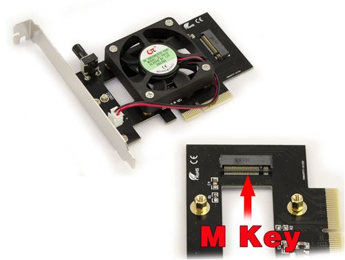 Carte contrôleur PCIe x4 pour SSD M.2 PCIe NVMe ou AHCI (M2 NGFF M Key) - AVEC REFROIDISSEMENT AJUSTABLE