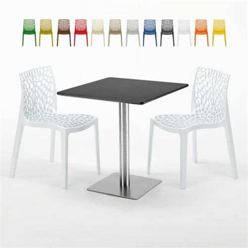 Table carrée noire 70x70 avec 2 chaises colorées Gruvyer Rum Raisin, Couleur: Blanc