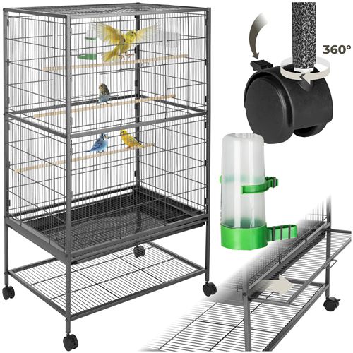 TecTake Cage à Oiseau, Oiseau Exotique, à Perroquet, Volière à Roulettes + 1 Mangeoire + 3 Perchoirs 131 cm x 78 cm x 52 cm Gris TECTAKE